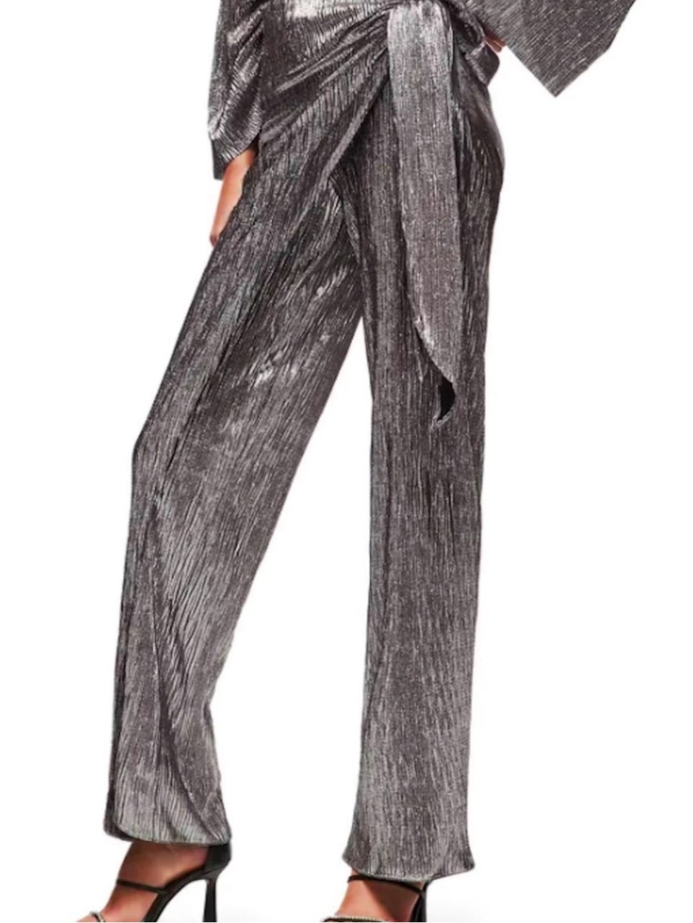 Zara Silver Metallic Pleated Wide-Leg Pants